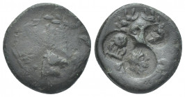TROAS, Alexandreia? (Circa 164-135 BC). AE.
Obv: Laureate head of Apollo, facing.
Rev: [Lyre?]; horse head monogram; all within laurel wreath; banker'...