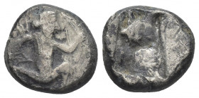 ACHAEMENID EMPIRE. Time of Artaxerxes I to Xerxes II (Circa 455-420 BC). AR Siglos. Sardes.
Obv: Persian king in kneeling-running stance right, holdi...