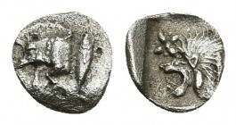 MYSIA. Kyzikos. AR Hemiobol (Circa 450-400 BC).
Obv: Forepart of boar left; to right, tunny upward.
Rev: Head of roaring lion left; star to upper le...