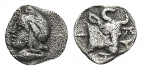 MYSIA, Kyzikos. (Circa 410-400 BC). AR Hemiobol.
Obv: Head of Attis left, wearing Phrygian cap; below, tunny left.
Rev: KYZI. Head and neck of bull ...