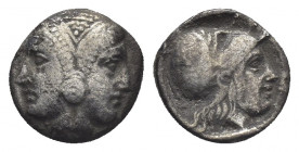 MYSIA, Lampsakos. (4th-3rd centuries BC). AR Diobol.
Obv: Janiform female head.
Rev: ΛΑΜΨ.Helmeted head of Athena right within incuse circle.
SNG B...