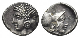 MYSIA, Lampsakos. (4th-3rd centuries BC). AR Diobol.
Obv: Janiform female head.
Rev: ΛΑΜΨ.
Helmeted head of Athena right within incuse circle.
SNG...