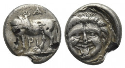 MYSIA, Parion. (4th century BC). AR Hemidrachm.
Obv: Facing gorgoneion within incuse circle.
Rev: ΠΑ / ΡΙ. Bull, with head right, standing left on g...