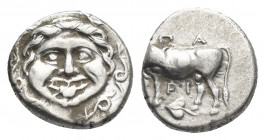 MYSIA, Parion. (4th century BC). AR Hemidrachm.
Obv: Facing gorgoneion within incuse circle.
Rev: ΠΑ / ΡΙ .
Bull standing left, head right; below, ...