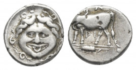 MYSIA, Parion. (4th century BC). AR Hemidrachm.
Obv: Facing gorgoneion within incuse circle.
Rev: ΠΑ / ΡΙ.
Bull, with head right, standing left on ...