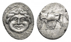 MYSIA, Parion. (4th century BC). AR Hemidrachm.
Obv: Facing gorgoneion within incuse circle.
Rev: ΠΑ / ΡΙ.
Bull standing left, head reverted. Contr...