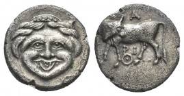 MYSIA, Parion. (4th century BC). AR Hemidrachm.
Obv: Facing gorgoneion within incuse circle.
Rev: ΠΑ / ΡΙ.
Bull standing left, head reverted. Contr...