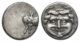 MYSIA, Parion. (4th century BC). AR Hemidrachm.
Obv: Facing gorgoneion within incuse circle.
Rev: [Π]Α / Ρ[Ι].
Bull, with head right, standing left...