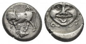 MYSIA, Parion. (4th century BC). AR Hemidrachm.
Obv: Facing gorgoneion within incuse circle.
Rev: ΠAPI.
Bull standing left, head right; below, bunc...