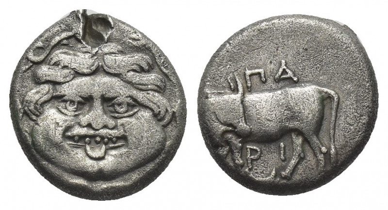 MYSIA, Parion. (4th century BC). AR Hemidrachm.
Obv: Facing gorgoneion within i...