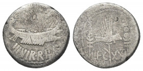 MARK ANTONY. AR, Denarius (32-31 BC). Military mint travelling with Mark Antony.
Obv: […] III VIR R P C.
Galley right.
Rev: LEG XXI.
Legionary eag...