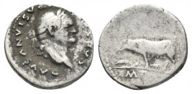 VESPASIAN (69-79 AD). AR, Denarius. Rome.
Obv: CAESAR VESPASIANVS AVG.
Head of Vespasian, laureate, right.
Rev: IMP […].
Sow standing left, with t...