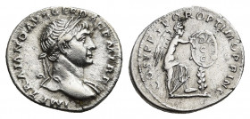 TRAJAN (98-117 AD). AR, Denarius. Rome.
Obv: IMP TRAIANO AVG GER DAC P M TR P.
Laureate bust of, right; slight drapery on left shoulder.
Rev: COS V...