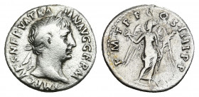 TRAJAN (98-117). Denarius. Rome.
Obv: IMP CAES NERVA TRAIAN AVG GERM.
Laureate bust of Trajan, right, with slight drapery.
Rev: P M TR P COS IIII P...