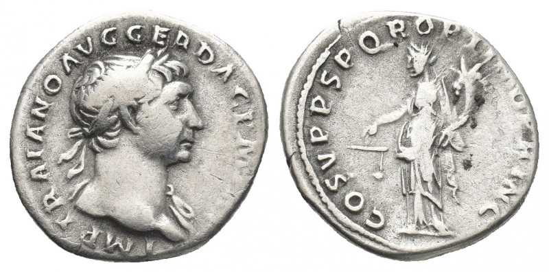 TRAJAN (98-117 AD). AR, Denarius. Rome.
Obv: IMP TRAIANO AVG GER DAC P M [TR P]...