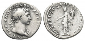 TRAJAN (98-117 AD). AR, Denarius. Rome.
Obv: IMP TRAIANO AVG GER DAC P M [TR P].
Laureate bust of Trajan, right; with slight drapery.
Rev: COS V P ...
