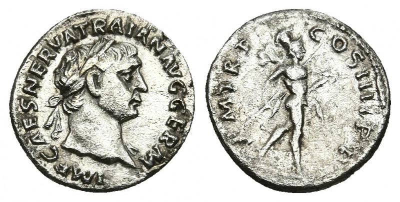 TRAJAN (98-117 AD). AR, Denarius. Rome.
Obv: IMP CAES NERVA TRAIAN AVG GERM.
L...