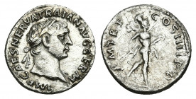 TRAJAN (98-117 AD). AR, Denarius. Rome.
Obv: IMP CAES NERVA TRAIAN AVG GERM.
Laureate bust of Trajan, right; with slight drapery.
Rev: P M TR P COS...