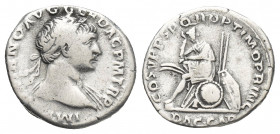 TRAJAN (98-117 AD). AR, Denarius. Rome.
Obv: IMP TRAIANO AVG GER DAC P M TR P.
Laureate bust right, slight drapery on far shoulder.
Rev: COS V P P ...