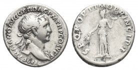 TRAJAN (98-117 AD). AR, Denarius. Rome.
Obv: IMP TRAIANO AVG GER DAC P M TR P COS V P P.
Bust of Trajan, laureate, draped on left shoulder, right.
...