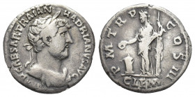 HADRIAN (117-138 AD). AR, Denarius. Rome.
Obv: IMP CAESAR TRAIAN HADRIANVS AVG.
Head of Hadrian, laureate, right
Rev: P M TR P COS III / CLEM.
Cle...