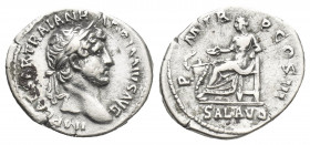 HADRIAN (117-138 AD). AR, Denarius. Rome.
Obv: IMP CAESAR TRAIAN HADRIANVS AVG.
Laureate bust of Hadrian, right.
Rev: P M TR P COS III / SAL AVG.
...