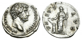 HADRIAN (117-138 AD). AR, Denarius. Rome.
Obv: HADRIANVS AVG COS III P P.
Laureate head of, right.
Rev: SALVS AVG.
Salus standing left, holding sc...