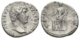 HADRIANUS. AD 117-138. AR, Denarius. Struck AD 130-138. Rome.
Obv: HADRIANVS AVG COS III P P.
Bare head right.
Rev: SALVS AVG.
Salus standing righ...