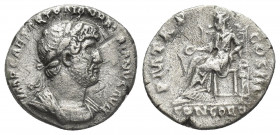HADRIAN (117-138 AD). AR, Denarius. Rome.
Obv: IMP CAESAR TRAIAN HADRIANVS AVG.
Bust of Hadrian laureate, right.
Rev: P M TR P COS III / CONCORD.
...