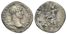 HADRIAN (117-138). Denarius. Rome.
Obv: IMP CAESAR TRAIAN HADRIANVS AVG.
Bust of Hadrian; laureate, right.
Rev: P M TR P COS III.
Roma seated left...