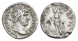 HADRIAN (117-138 AD). AR, Denarius. Rome.
Obv: HADRIANVS AVG COS III P P.
Laureate head of, right.
Rev: TELLVS STABIL.
Tellus standing left, holdi...