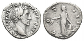 ANTONINUS PIUS (138-161 AD). AR, Denarius. Rome.
Obv: ANTONINVS AVG PIVS P P TR P XVII.
Laureate head of Antoninus Pius, right.
Rev: COS III.
Anno...