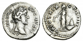 ANTONINUS PIUS (138 – 161 AD). AR, Denarius. Rome.
Obv: ANTONINVS AVG PIVS P P IMP II.
Laureate head to right.
Rev: TR POT XIX COS IIII.
Annona st...