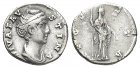DIVA FAUSTINA I (141 AD). AR, Denarius. Rome.
Obv: DIVA FAVSTINA.
Bust of Faustina I; draped, hair elaborately waved in several loops round head and...