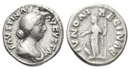 FAUSTINA II (Augusta, 147-175 AD). AR, Denarius. Rome.
Obv: FAVSTINA AVGVSTA.
Draped bust of Faustina, right.
Rev: IVNONI REGINAE.
Juno veiled sta...