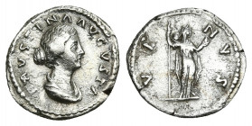 FAUSTINA II (Augusta, 147-176 AD). AR, Denarius. Rome.
Obv: FAVSTINA AVGVSTA.
Draped bust of Faustina II, right.
Rev: VENVS.
Venus standing left w...