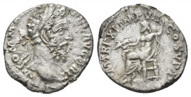 Commodus, 177-192. AR, Denarius. (186). Rome.
Obv: M COMM [ANT P FEL] AVG BRIT.
Laureate head of Commodus to right.
Rev. P M TR P XI IMP II COS V P...