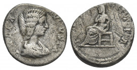 JULIA DOMNA (Augusta, 193-217). AR, Denarius. Rome.
Obv: IVLIA [A]VGVSTA.
Draped bust of Julia Domna, right.
Rev: [PVDICI]TIA.
Pudicitia seated le...