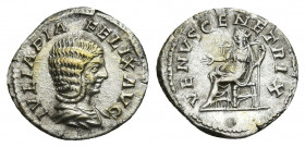 JULIA DOMNA (Augusta, 193-217 AD). AR, Denarius. Rome.
Obv: IVLIA PIA FELIX AVG.
Draped bust of Julia Domna, right.
Rev: VENVS GENETRIX.
Venus sea...