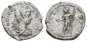 CARACALLA. (198-217 AD). AR, Denarius. Rome.
Obv: ANTONINVS AVGVSTVS.
Bust of Caracalla; laureate, draped, and cuirassed, right.
Rev: PONTIF-TR P P...