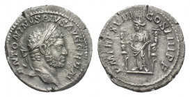 CARACALLA (197-217). AR, Denarius. Rome.
Obv: ANTONINVS PIVS AVG GERM.
Laureate head of Caracalla, right.
Rev: P M TR P XVIII COS IIII P P.
Fides ...