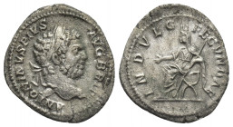 CARACALLA (210 – 213 AD). AR, Denarius. Rome.
Obv: ANTONINVS PIVS AVG BRIT.
Lauretae head of Caracalla, right.
Rev: INDVLG FECVNDAE.
Indulgentia w...