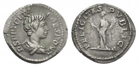 GETA, (as Caesar, 198-209 AD). AR, Denarius. Rome.
Obv: P SEPT GETA CAES PONT.
Bare-headed and draped bust of Geta, right.
FELICITAS PVBLICA.
Feli...