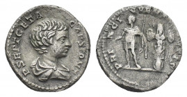 GETA, AS CAESAR. (198-209 AD.) AR, Denarius. Rome.
Obv: P SEPT GETA CAES PONT.
Bust of Geta; draped, bare-headed, right.
Rev: PRINC IVVENTVTIS.
Ge...
