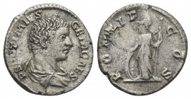 GETA (Caesar, 198-209 AD) AR, Denarius. Rome.
Obv: P SEPTIMIVS GETA CAES.
Bust of Geta; bare-headed, draped, right.
Rev: PONTIF COS.
Minerva stand...