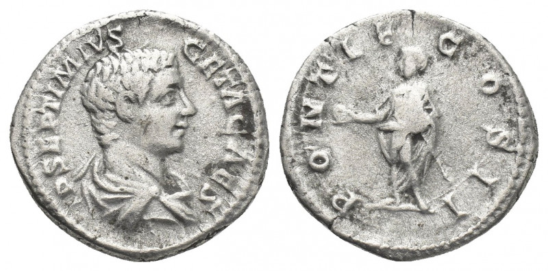 GETA, as Caesar (AD 209). AR, Denarius. Rome.
Obv: P SEPTIMIVS GETA CAES.
Bust...