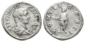 GETA, as Caesar (AD 209). AR, Denarius. Rome.
Obv: P SEPTIMIVS GETA CAES.
Bust of Geta, bare-headed, bearded, draped, right
Rev: PONTIF COS II.
Ge...