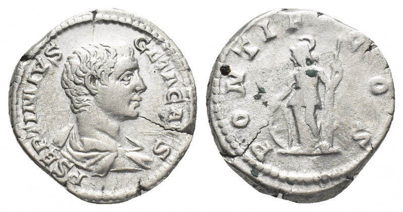 GETA (Caesar, 198-209 AD). AR, Denarius. Rome.
Obv: P SEPTIMIVS GETA CAES.
Bar...
