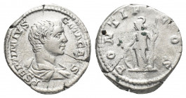 GETA (Caesar, 198-209 AD). AR, Denarius. Rome.
Obv: P SEPTIMIVS GETA CAES.
Bare-headed and draped bust of Geta, right.
Rev: PONTIF COS.
Minerva st...
