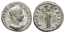 SEVERUS ALEXANDER (222-235 AD). AR, Denarius. Rome.
Obv: IMP ALEXANDER PIVS AVG.
Laureate, draped and cuirassed bust of Severus Alexander, right.
R...